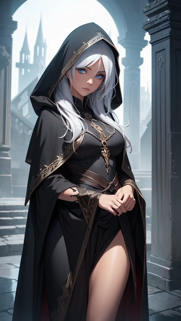 a beautiful mystical elfa sorceress, modest, wearing an old dark hooded cloak, white hair, deep dark eyes, tan skin, brave warrior, ambitious, not very friendly, orphaned thief, detailed face, (best quality,4k,8k,highres,masterpiece:1.2),ultra-detailed,(realistic,photorealistic,photo-realistic:1.37),vivid colors,dramatic lighting,dark fantasy,concept art,digital painting