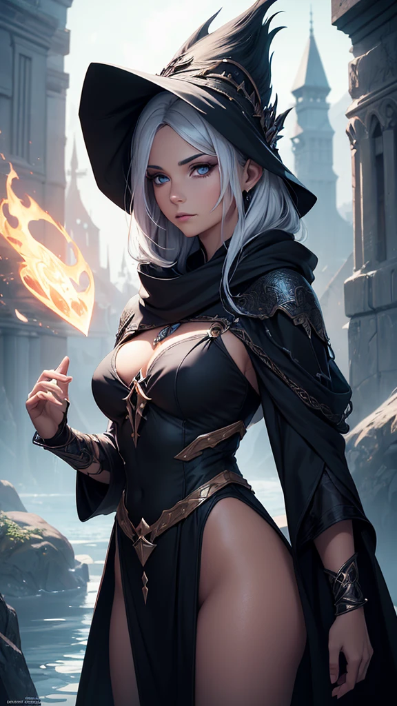 a beautiful mystical elfa sorceress, modest, wearing an old dark hooded cloak, white hair, deep dark eyes, tan skin, brave warrior, ambitious, not very friendly, orphaned thief, detailed face, (best quality,4k,8k,highres,masterpiece:1.2),ultra-detailed,(realistic,photorealistic,photo-realistic:1.37),vivid colors,dramatic lighting,dark fantasy,concept art,digital painting