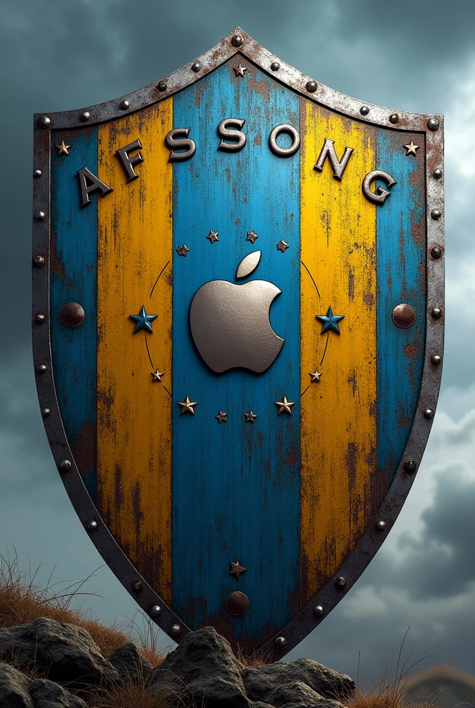 Generate an imposing Viking-style football shield with stars based on the original blue and yellow logo with lines and stars of the Argentine team and that says afsong in the middle in large letters with the Apple apple