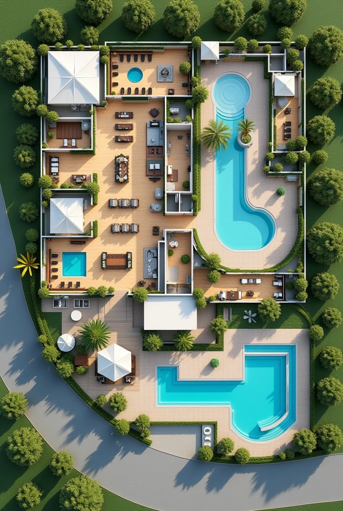 1D hotel floor plan containing the reception area, a restaurant, The recreation space, the rooms, A SPA area, An area for people with disabilities, 3 swimming pools, Connection with green areas, That can be like an open space, The L-shaped parking lot One part in front and the rest alongside, 2 swimming pools in the green area outside the hotel