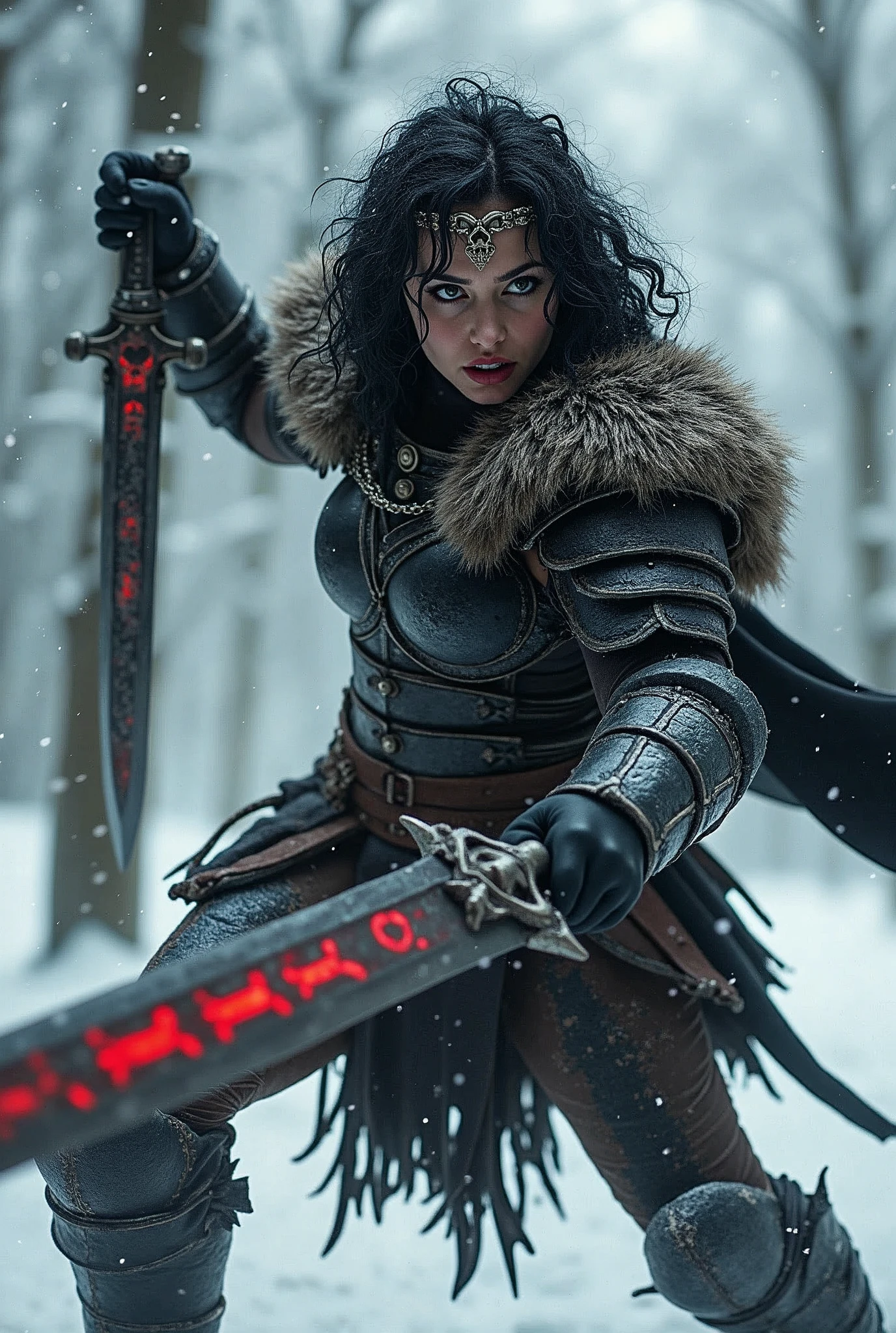 ((upper torso, armored female barbarian savage, battle worn black chrome gloss armor, fur, black cloak, ((((supermodel, triangularface, pointed chin)), short curly [glossblack hair:dark hair:0.7], black lips))), black eyes, blackout eyeshadow, iron tiara), braids, massive glowing red skull engraved sword, windy, outdoor frozen snow snowy forest, dynamic battle pose, lunging, side view
