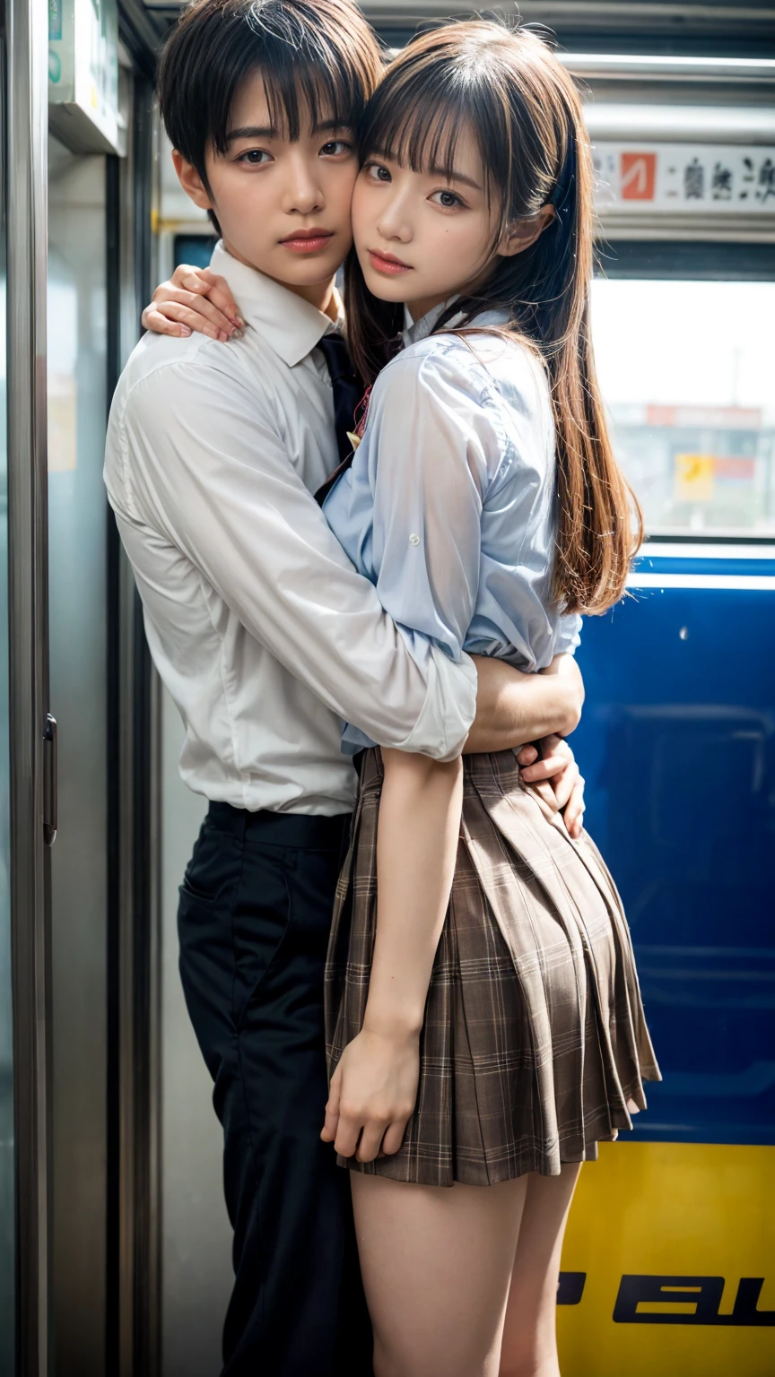 Browsing Caution, Crowded train, ((25 year old office lady)), ((Height: 165cm)), Japan , Handsome boy hugging his girlfriend from behind, Talk in her ear, Lift her up, Miniskirt twisted up, 40k, photograph, masterpiece, Highest quality, Dark Gray Background, ((Japan girls' high school uniform)), A boy is leaning on her from behind、standing position, hug from front, i held you up, Girl gets violated from behind, Very large breasts