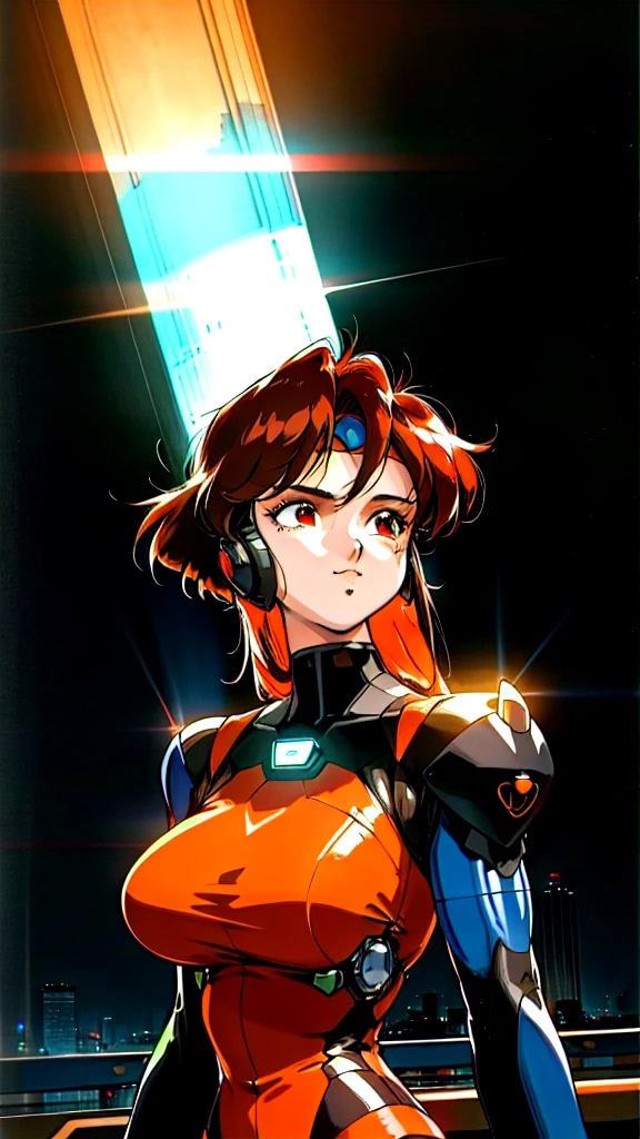 Kenichi Sonoda, retro art-style, 90s Japanese Anime Style, "bubblegum crisis", Sci-fi, Cyberpunk, Neon, Dystopia, (Amid the neon-soaked skyline of towering skyscrapers in mega Tokyo, 20-year-old anime beauty Pris stands alone on a gleaming skyscraper spire, bathed in the dazzling glow of the full moon. Her striking features are accentuated by a dark blue metal hard suit adorned with vibrant orange lines inspired by Syd Mead's industrial machine designs. Her brown medium-length hair frames her piercing gaze while she flashes a confident smile at the viewer. With fearless determination etched on her face, Pris is imposing and her entire presence exudes an aura of cool, stylish elegance. The smooth curves of her shadow, backlit by the moon, create a captivating silhouette, showcasing her unparalleled charm. She takes off the cramped full-face headset and enjoys the feeling of freedom. A beauty under the watchful eye of the city's towering skyscrapers.), 1girl, solo, The main character, "Priss", 20yo, anime beauty, Cool beauty, Unparalleled beauty, Brown medium length hair, forehead, red eyes, Cold and sharp eyes, harsh brushstrokes, dramatic lighting, A dark blue metal hard suit with orange lines has a sophisticated design, fearless look, an expression of ridicule, smile, Standing alone in the backlight, she looks cool and stylish, Standing, looking at viewer, close-up photography of upper body, bust shot, Depth of field, character focus, (masterpiece, anime cg, official art, work of art, Award-winning work, extreme quality, ultra high definition, all intricate, overall detailed, finely detailed, super detailed, very aesthetic, boast pompously, focus on entire screen, asymmetrical, raytraced, caustics, textile shading, incredibly absurd resolution, absolutely resolution, ultra high resolution, professional, vivid colors, 16k, perfect anatomy, ideal facial features, Beautifully detailed face, Beautifully detailed eyes, ideally proportioned figure, perfectly beautiful bo