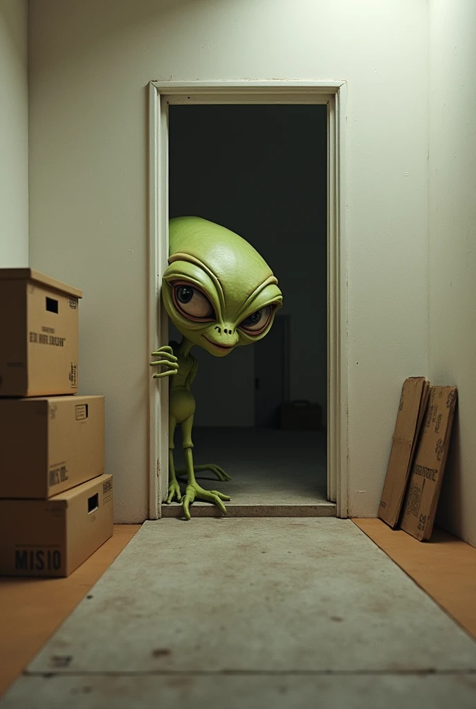 View from outside through a door at the back of a truck box where 1 door is open and the other is closed, You can see the background of the white room with some cardboard boxes stacked on one side and where only the head of a little Martian sticking out from the right staring at you from inside the room, who is holding one of the edges of the closed door with one of his hands and is looking out. 

