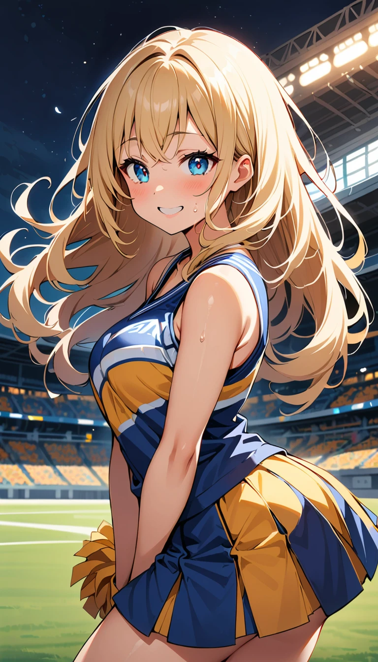 ((1 female)), charm, sexy, Mature Body, virile, Small Ass, joy, Excited, Sweat, Cheerleader, Fine and beautiful eyes, Beautiful lip detail, Highly detailed eyes and face, Long eyelashes, Calm expression, ((Full body view:1.2)) Soft lighting, Open atmosphere, Stadium, Sweatを流して.