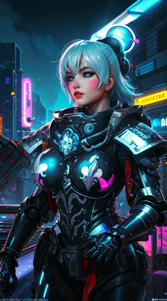 A robot girl adepta sororitas with a futuristic appearance and advanced technology, (ultra-detailed,realistic:1.37), [prostituta], beautiful detailed eyes, beautiful detailed lips, long eyelashes, vibrant synthetic skin, sleek metallic body, glowing LED lights, impeccable makeup and hairstyle. She stands in a bustling city street, surrounded by holographic advertisements and neon lights. The cityscape is filled with towering skyscrapers and futuristic vehicles. The air is filled with a mix of artificial scents and the bustling sounds of people and machines. The robot adepta sororitas confidently walks with a graceful and alluring demeanor, drawing the attention of onlookers. The color palette is a combination of vibrant neon colors and cool metallic tones. The lighting is a mix of the bright city lights and the soft glow of the robot girl's LED lights on her body, creating an enchanting atmosphere. The image is of the highest quality, with ultra-detailed rendering and a photorealistic appearance.
