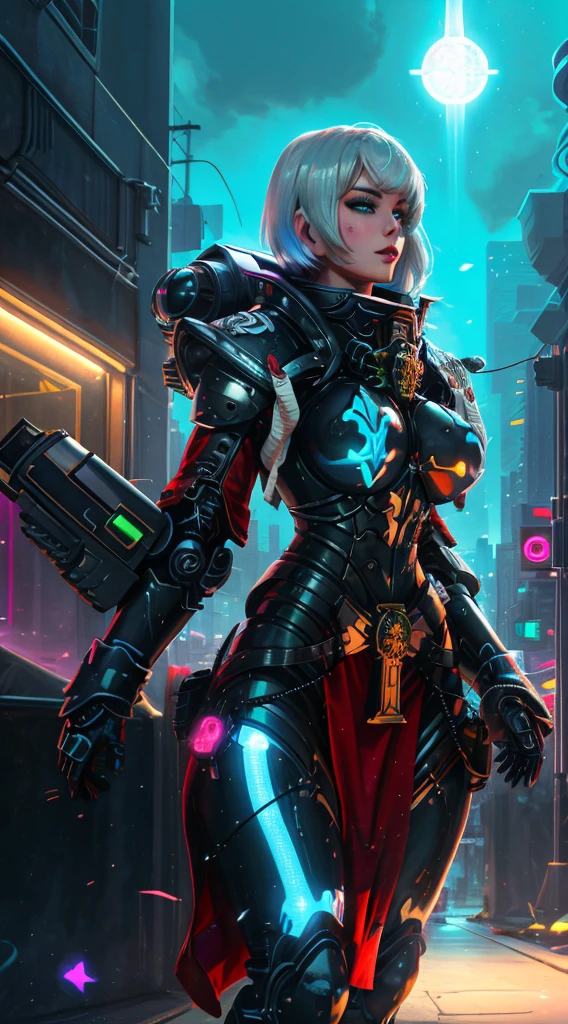 A robot girl adepta sororitas with a futuristic appearance and advanced technology, (ultra-detailed,realistic:1.37), [prostituta], beautiful detailed eyes, beautiful detailed lips, long eyelashes, vibrant synthetic skin, sleek metallic body, glowing LED lights, impeccable makeup and hairstyle. She stands in a bustling city street, surrounded by holographic advertisements and neon lights. The cityscape is filled with towering skyscrapers and futuristic vehicles. The air is filled with a mix of artificial scents and the bustling sounds of people and machines. The robot adepta sororitas confidently walks with a graceful and alluring demeanor, drawing the attention of onlookers. The color palette is a combination of vibrant neon colors and cool metallic tones. The lighting is a mix of the bright city lights and the soft glow of the robot girl's LED lights on her body, creating an enchanting atmosphere. The image is of the highest quality, with ultra-detailed rendering and a photorealistic appearance.
