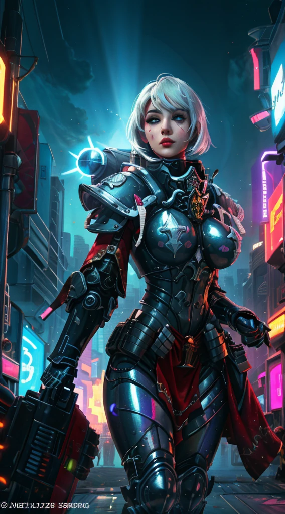 A robot girl adepta sororitas with a futuristic appearance and advanced technology, (ultra-detailed,realistic:1.37), [prostituta], beautiful detailed eyes, beautiful detailed lips, long eyelashes, vibrant synthetic skin, sleek metallic body, glowing LED lights, impeccable makeup and hairstyle. She stands in a bustling city street, surrounded by holographic advertisements and neon lights. The cityscape is filled with towering skyscrapers and futuristic vehicles. The air is filled with a mix of artificial scents and the bustling sounds of people and machines. The robot adepta sororitas confidently walks with a graceful and alluring demeanor, drawing the attention of onlookers. The color palette is a combination of vibrant neon colors and cool metallic tones. The lighting is a mix of the bright city lights and the soft glow of the robot girl's LED lights on her body, creating an enchanting atmosphere. The image is of the highest quality, with ultra-detailed rendering and a photorealistic appearance.
