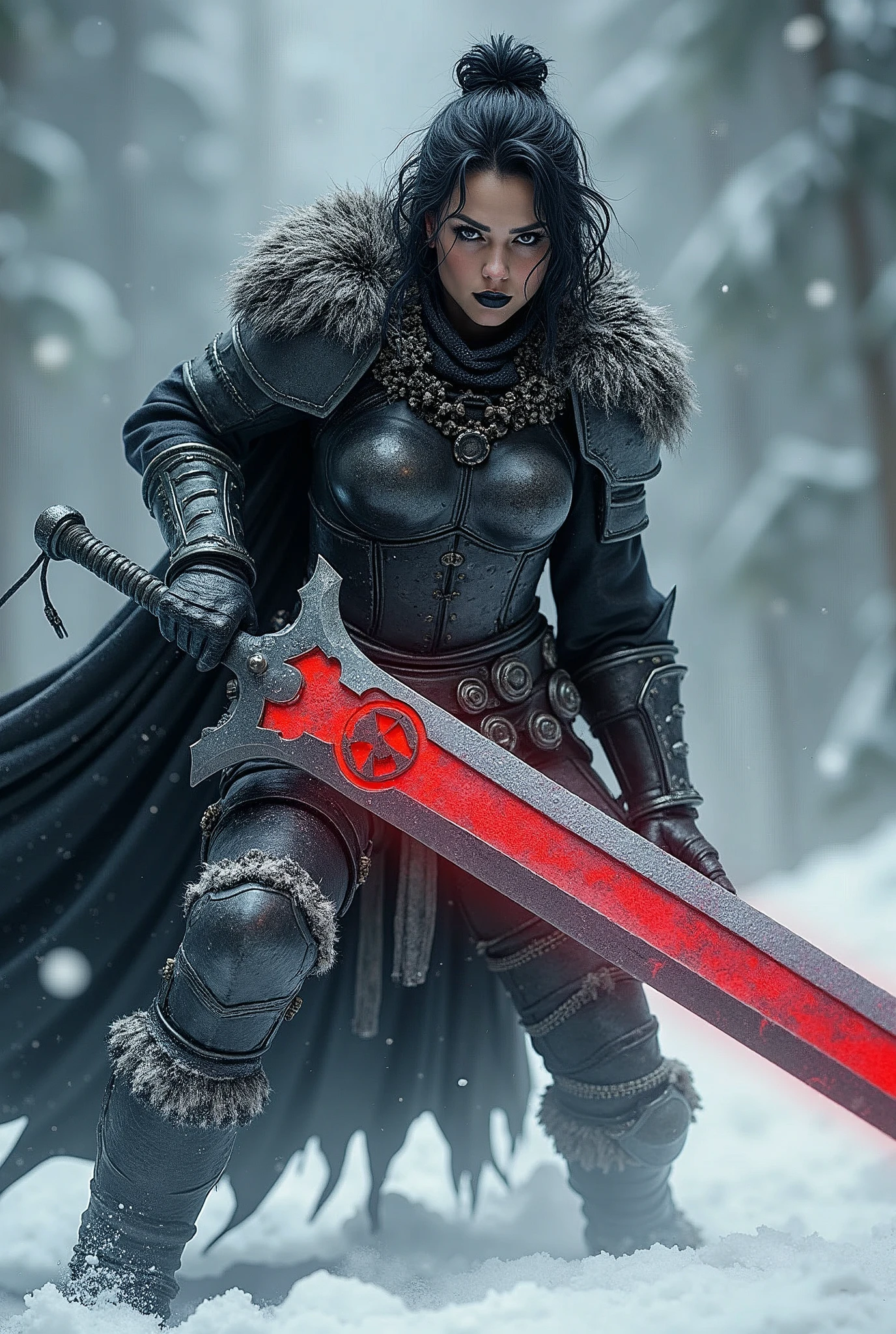 ((upper torso, armored female barbarian savage, battle worn black chrome gloss armor, fur, black cloak, ((((supermodel, triangularface, pointed chin)), short curly [glossblack hair:dark hair:0.7], black lips))), black eyes, blackout eyeshadow, iron tiara), braids, massive glowing red skull engraved sword, windy, outdoor frozen snow snowy forest, dynamic battle pose, lunging, side view
