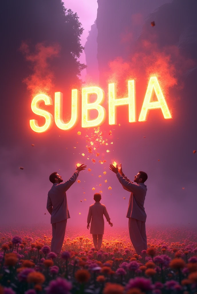 A floating name "SUBHA" in red hot colour with a violet light and some mans are throwing flowers to the name.