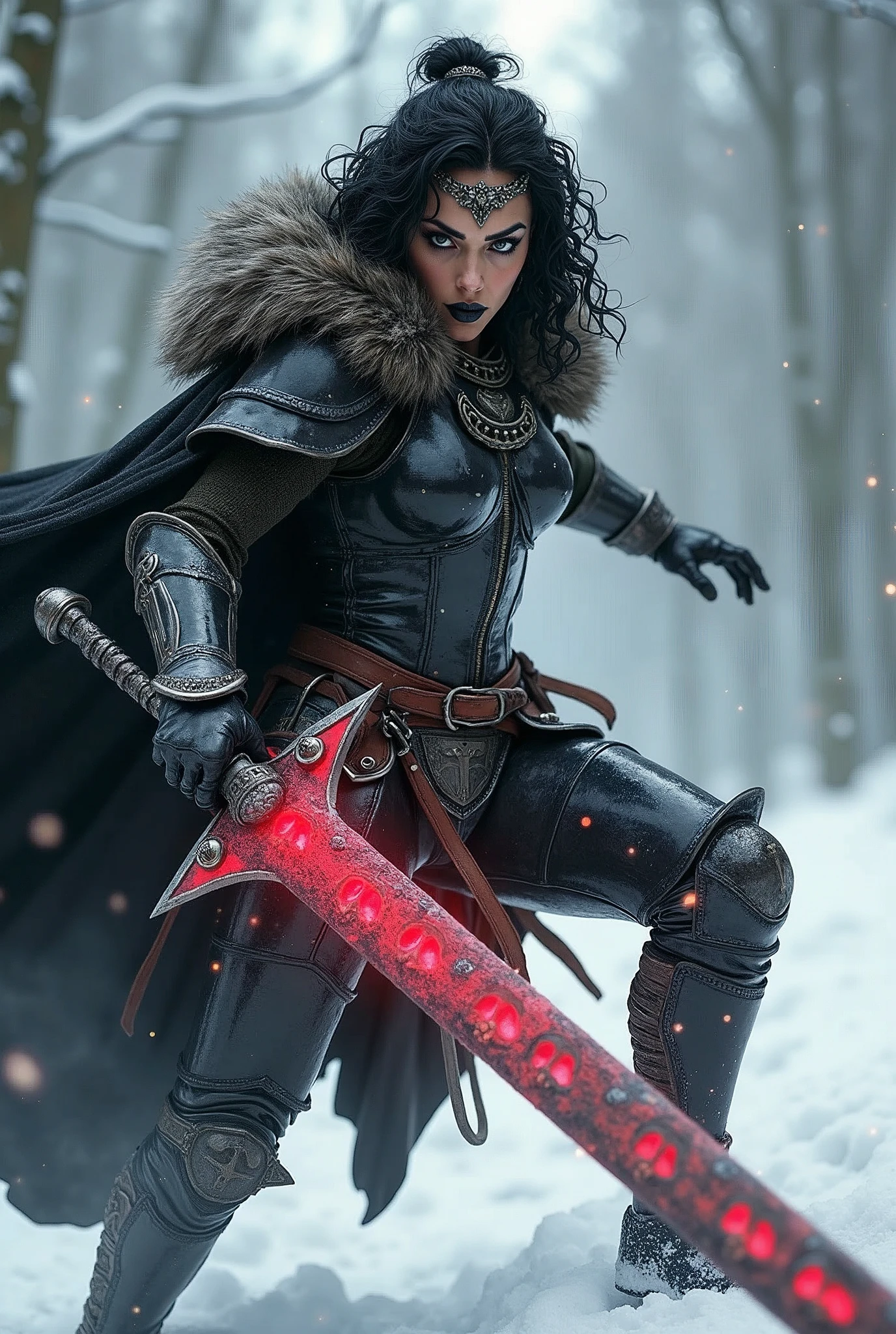 ((upper torso, armored female barbarian savage, battle worn black chrome gloss armor, fur, black cloak, ((((supermodel, triangularface, pointed chin)), short curly [glossblack hair:dark hair:0.7], black lips))), black eyes, blackout eyeshadow, iron tiara), braids, massive glowing red skull engraved sword, windy, outdoor frozen snow snowy forest, dynamic battle pose, lunging, side view
