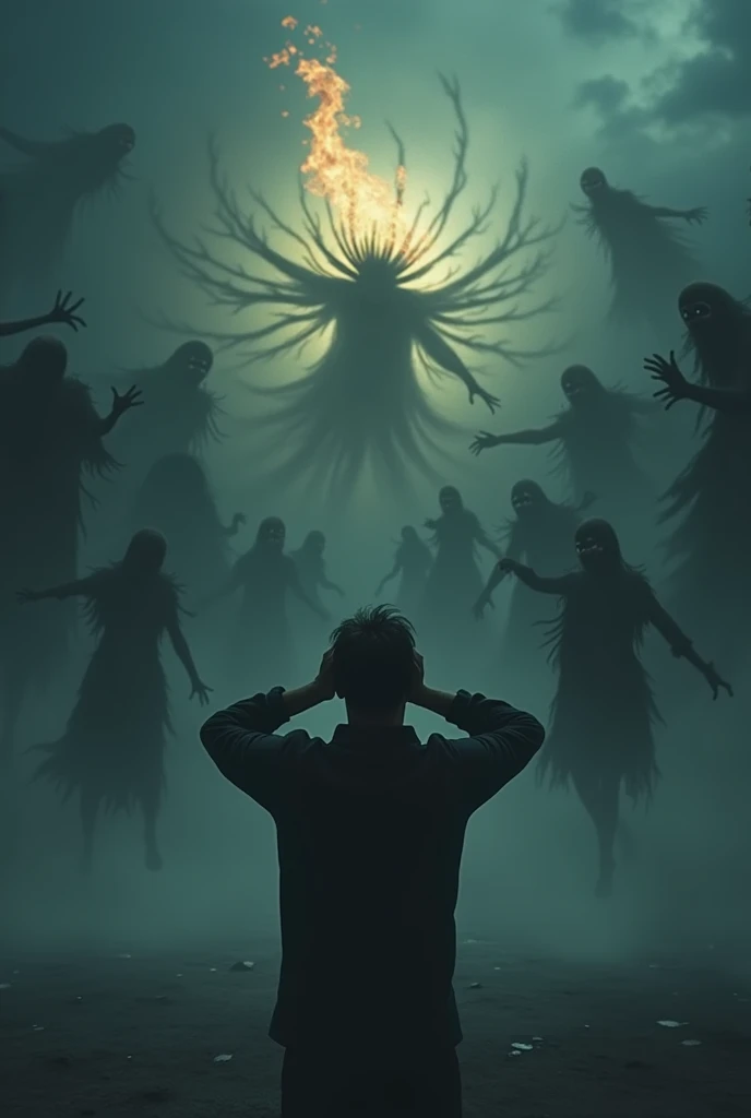 Thousands of spirits are coming towards a man, in the middle at the corner, and a burning spirit is also coming towards that man, all these scary spirits have surrounded that 1 man, he is holding his head and screaming in fear. Yes, it is night time, there is a scary atmosphere, all this is happening in a very large area,
The image will be of 16:9 size