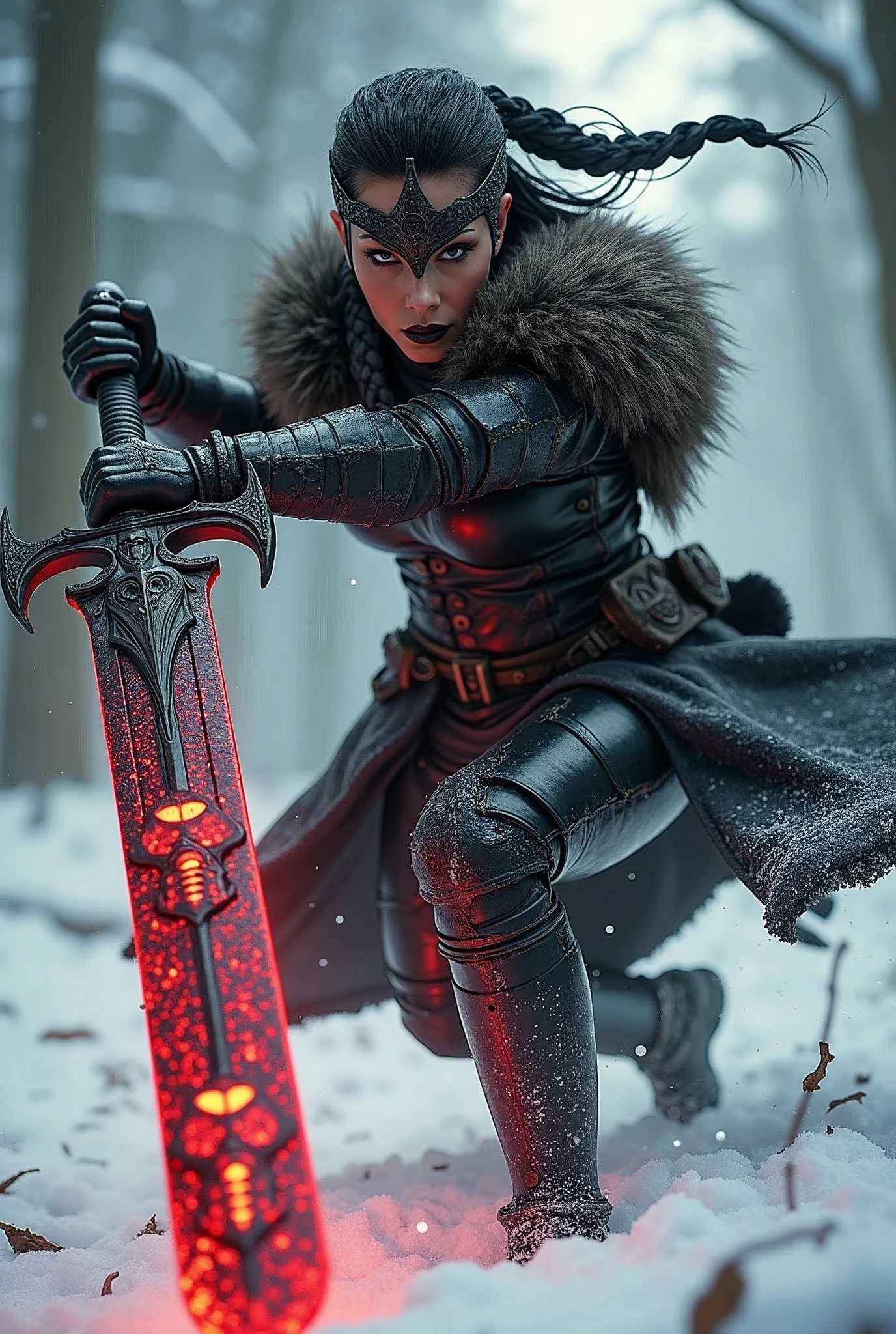 ((upper torso, armored female barbarian savage, battle worn black chrome gloss armor, fur, black cloak, ((((supermodel, triangularface, pointed chin)), short curly [glossblack hair:dark hair:0.7], black lips))), black eyes, blackout eyeshadow, iron tiara), braids, massive glowing red skull engraved sword, windy, outdoor frozen snow snowy forest, dynamic battle pose, lunging, side view
