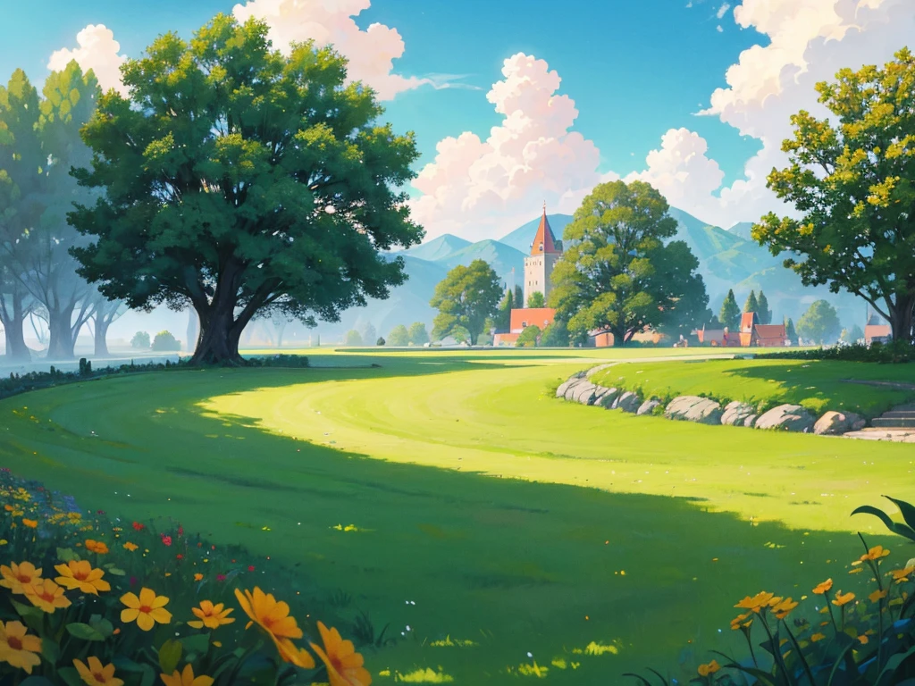 In this anime-style fantasy world, you see an expansive green landscape stretching as far as the eye can see. The sky is clear blue with a few scattered white clouds, and the warm sunlight bathes the scene, giving it a peaceful and inviting atmosphere.
In the distance, there's a small town filled with houses with orange and red rooftops. The most prominent feature is a large stone castle perched on a hill, with tall towers that stand out against the horizon. Some towers have flags gently waving in the breeze. Roads and bridges connect various parts of the town, making it look like something straight out of a fairy tale.
The vast green fields are dotted with large trees, and in some areas, colorful flowers bloom, adding vibrancy to the scene. A small river winds its way through the landscape, creating a soft, calming sound as it flows.
You might also spot some fantastical creatures, like small dragons or cute animals, wandering through the fields, adding a touch of magic and otherworldliness to the scene.
This description should help you visualize the anime-style fantasy world with a vast green landscape and a distant town clearly and vividly