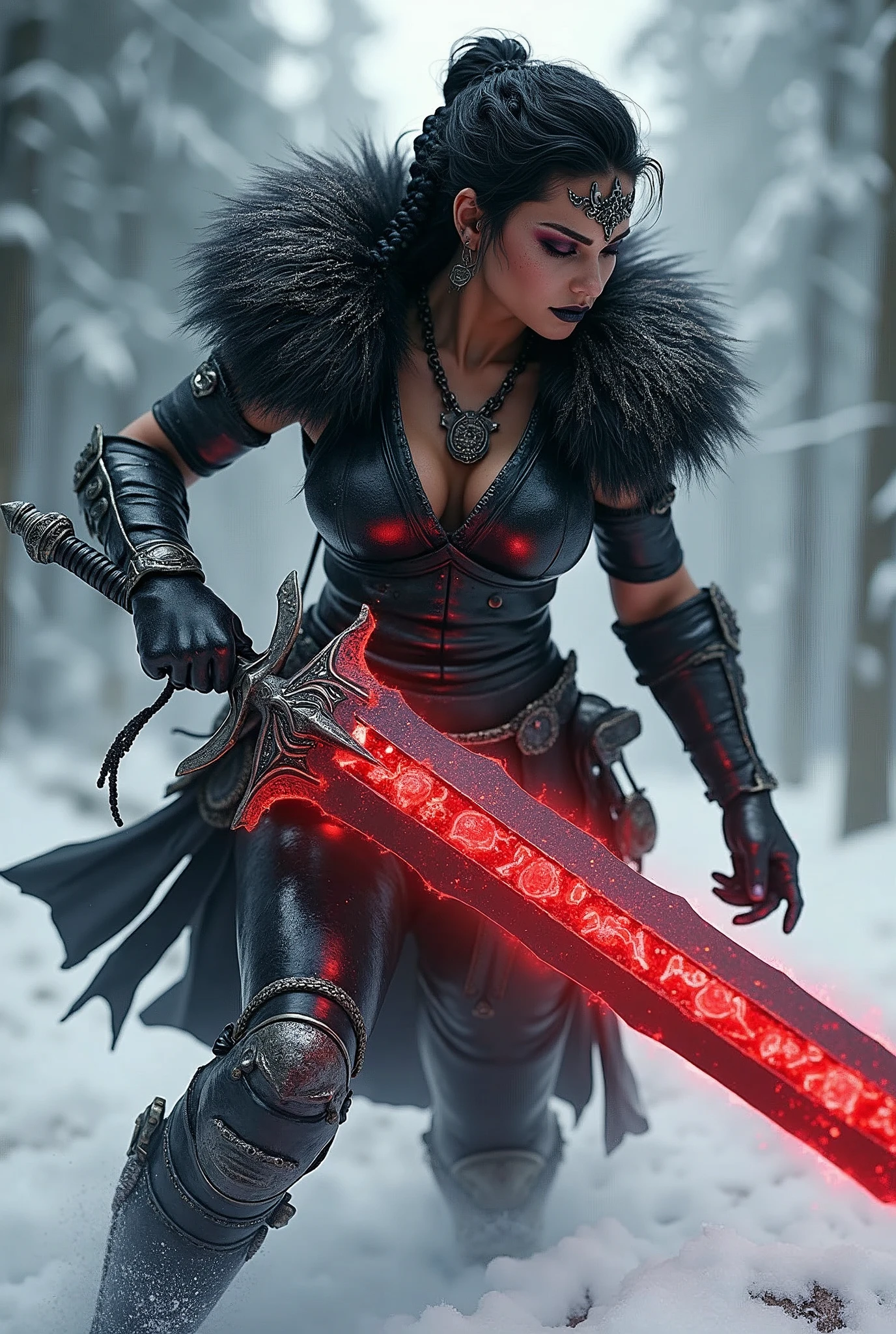 ((upper torso, armored female barbarian savage, battle worn black chrome gloss armor, fur, black cloak, ((((supermodel, triangularface, pointed chin)), short curly [glossblack hair:dark hair:0.7], black lips))), black eyes, blackout eyeshadow, iron tiara), braids, massive glowing red skull engraved sword, windy, outdoor frozen snow snowy forest, dynamic battle pose, lunging, side view
