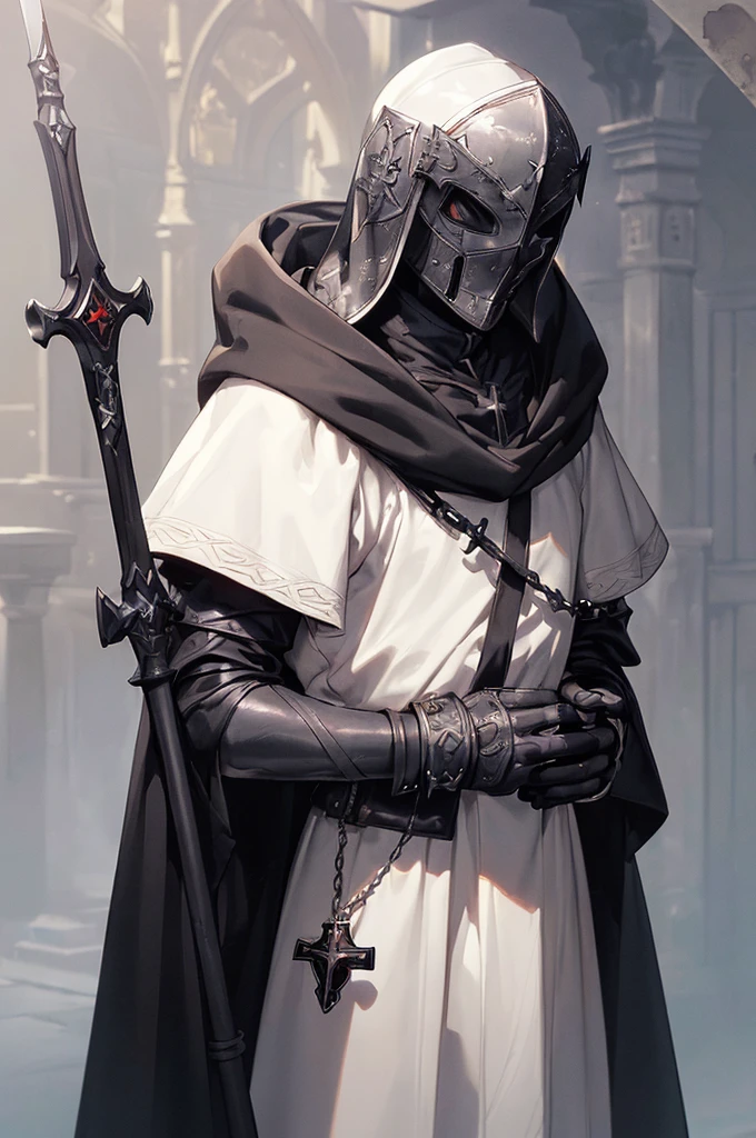 (((masterpiece; best quality: 1.2))), ((1 templar)), ((solo)), (no face: 1.4), (body shape; toned, lean, masculine: 1.3), (beautiful and clear background: 1.2), ((depth of field)), (equipment: templar garb + surcoat with cross + chainmail shirt + closed helmet + leather gloves + black cloak : 1.3), (anime illustration: 1.2), (background composition; palace garden + plants: 1.1), (shot composition; standing + centered on head + bust close-up: 1.5)