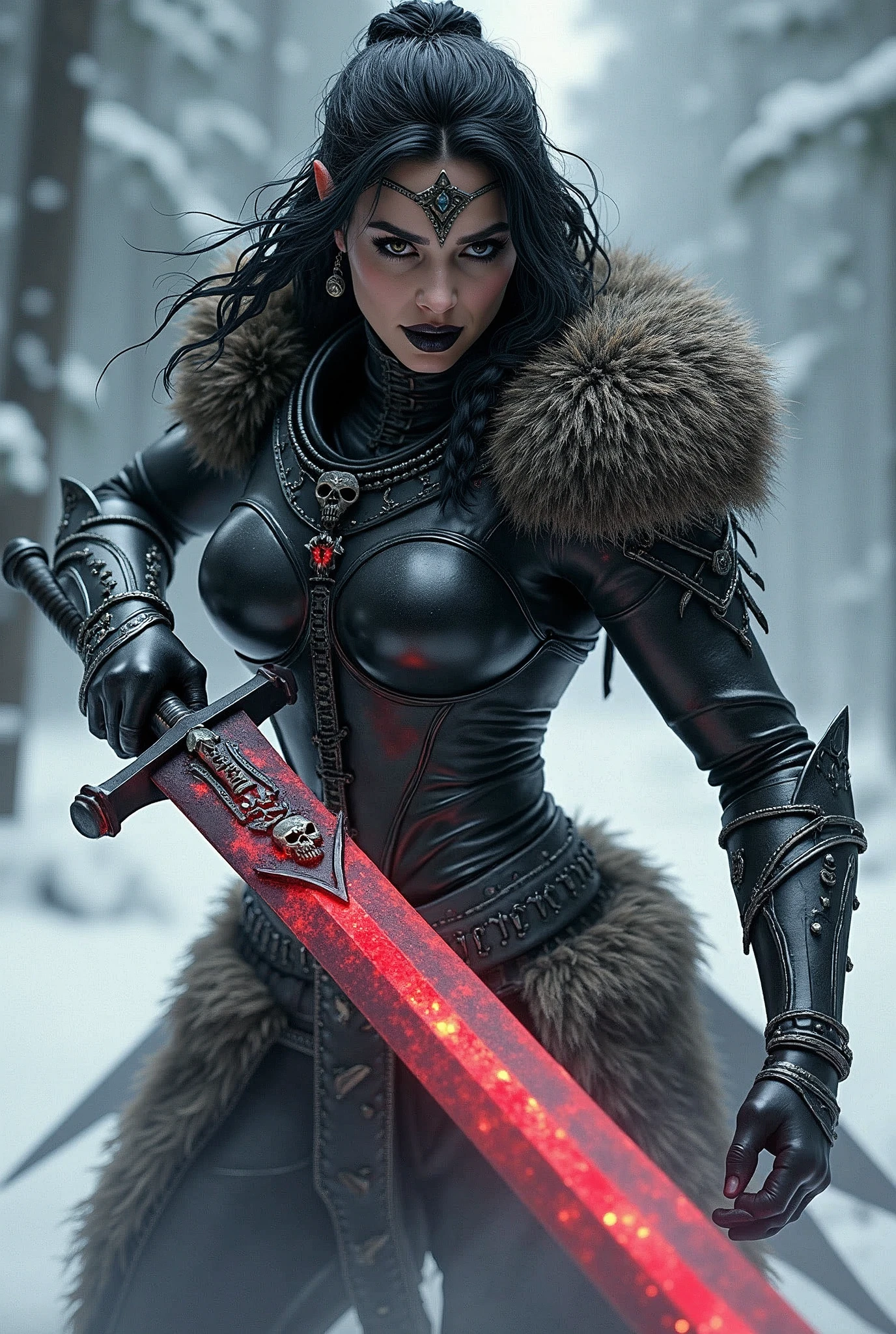 ((upper torso, armored female barbarian savage, battle worn black chrome gloss armor, fur, black cloak, ((((supermodel, triangularface, pointed chin)), short curly [glossblack hair:dark hair:0.7], black lips))), black eyes, blackout eyeshadow, iron tiara), braids, massive glowing red skull engraved sword, windy, outdoor frozen snow snowy forest, dynamic battle pose, lunging, side view
