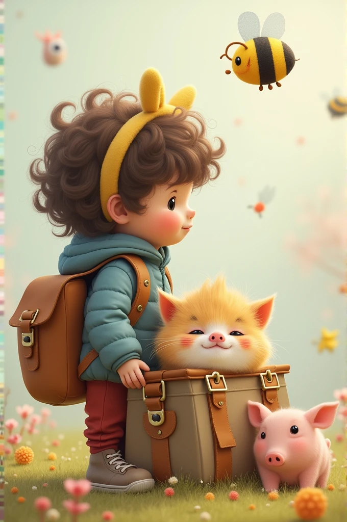 Small cat I have a travel bag Bushy hair fluffy I'm wearing a bee headband There is a pig