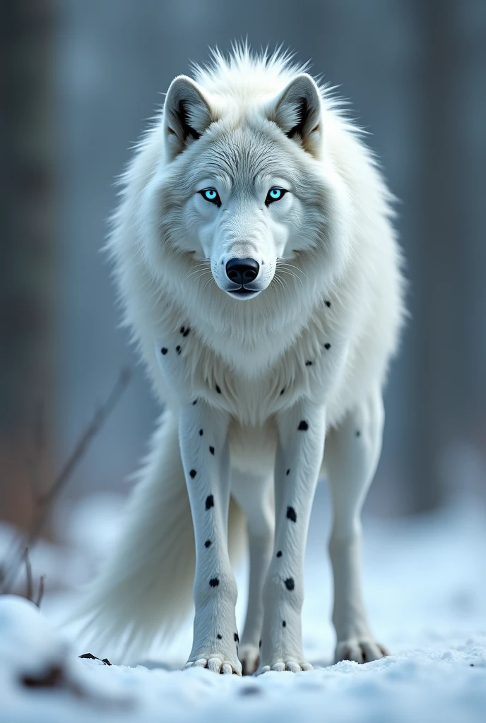 Albino wolf with black spots and sky-blue eyes