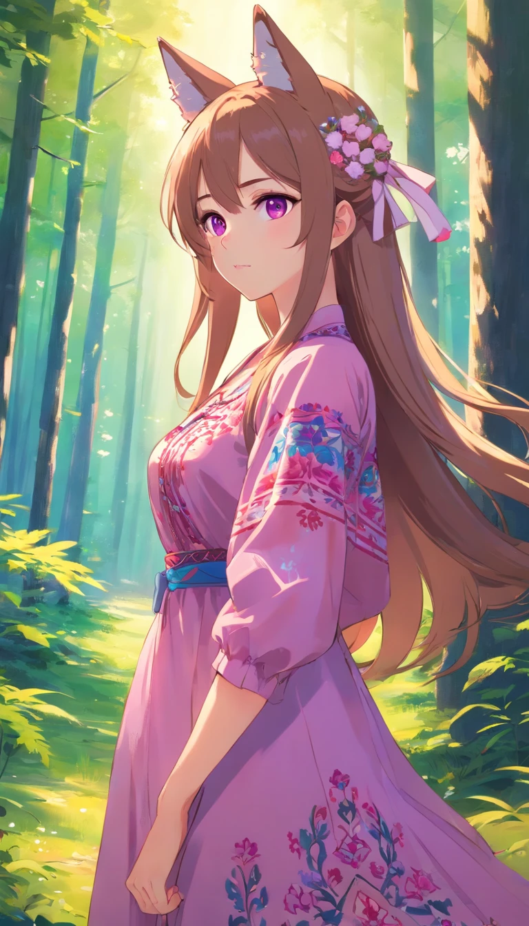 Beautiful girl with big breasts, dressed in a Ukrainian embroidered dress, beautiful pink-violet eyes, Russian long hair, has fox ears, no handcuffs on the shoulders staying in the beatiful forest