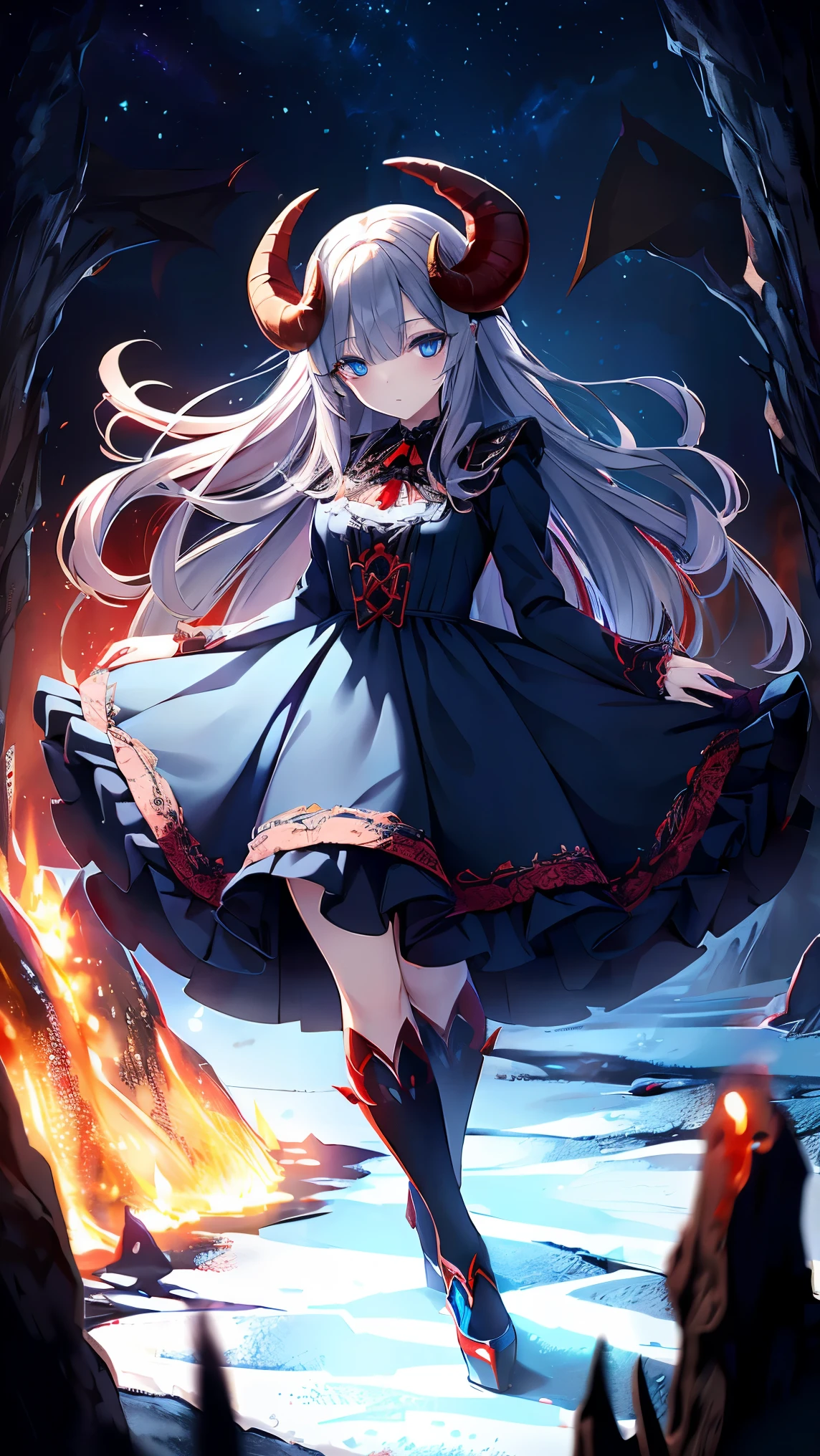 , perfect eyes, soft light, high quality, 4k resolution, masterpiece, textured skin, high details, best quality, award winning, super detail, high quality, A demon queen with goat horns, gothic ****ta dress, residing in the depths of hell, Lava flow, Blue long hair, Light blue eyes, Red high heels, navy blue dress