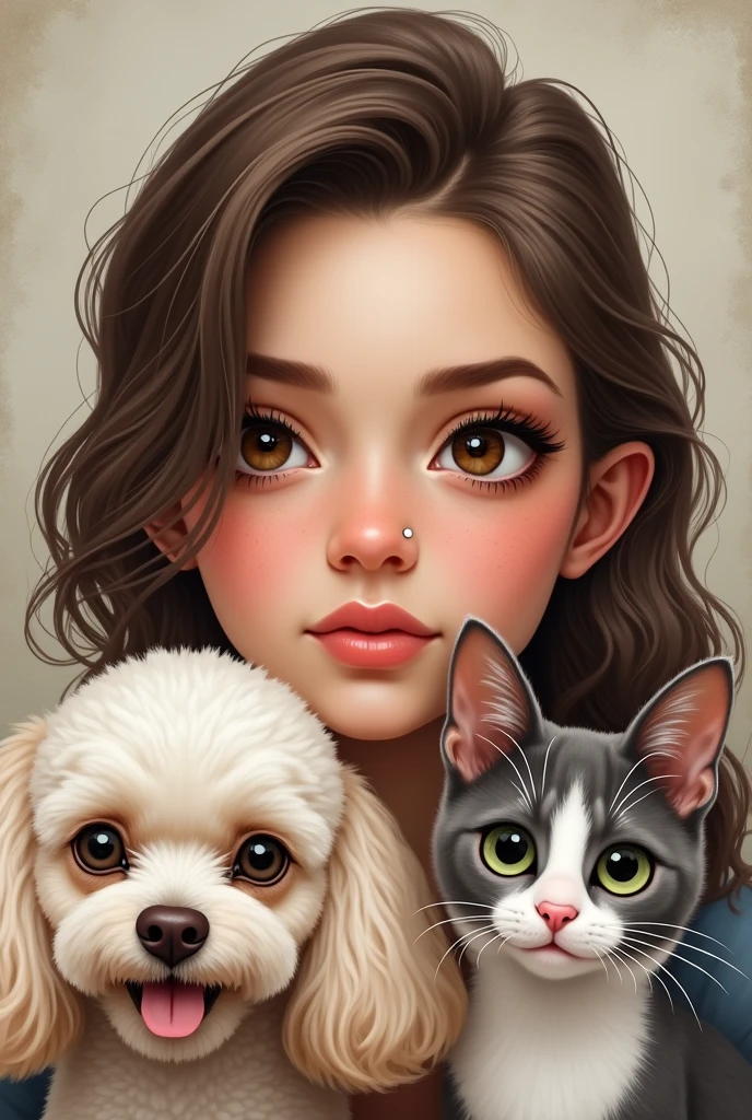 First put a 23 year old girl with brown wavy hair combed to one side, slightly broad forehead and large brown eyes, Medium mouth with the lower lip slightly larger than the upper lip, chubby with slightly pink cheeks and short neck, with a wide texture, a small mole on the left cheek; Second, put a white but flat poodle with ears that go from white to very light brown.; Third, put a light gray cat with white that goes from the eyes like a line and expands throughout the snout., with a pink nose and not so clear green eyes; Fourth on the side put a white short-haired chihuahua with only 1 eye with a brown spot around the eye