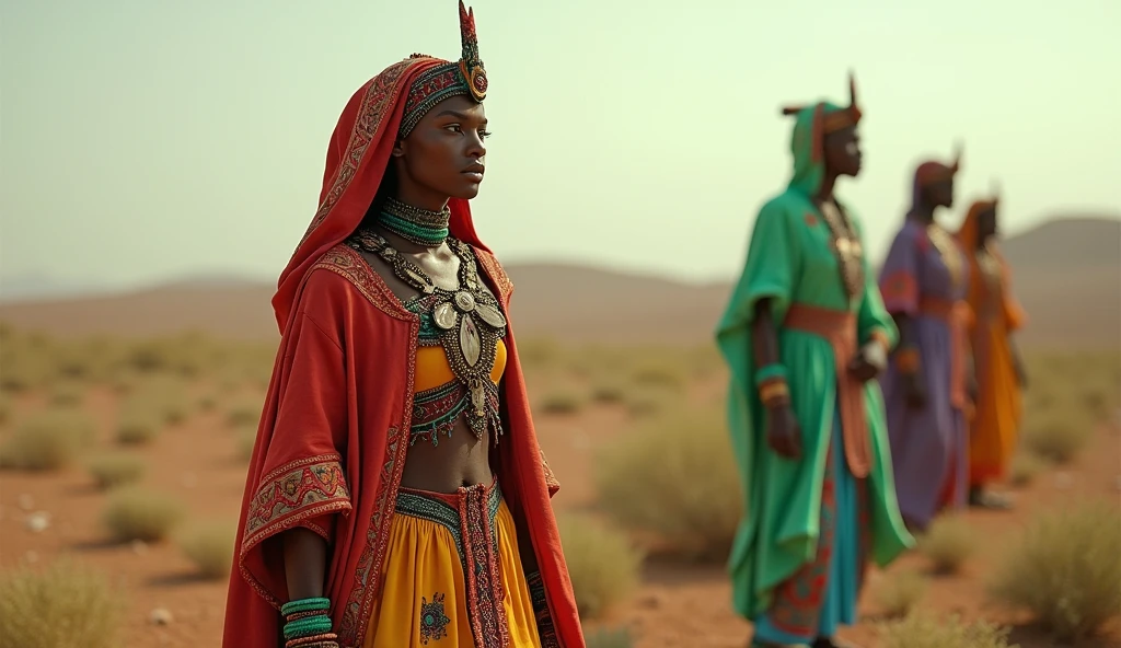 Eritrea as an african League of Legend creature in carmine red, light green, blue and yellow. Intricated clothing. Cinematic Fantasy sci-fi landscape background