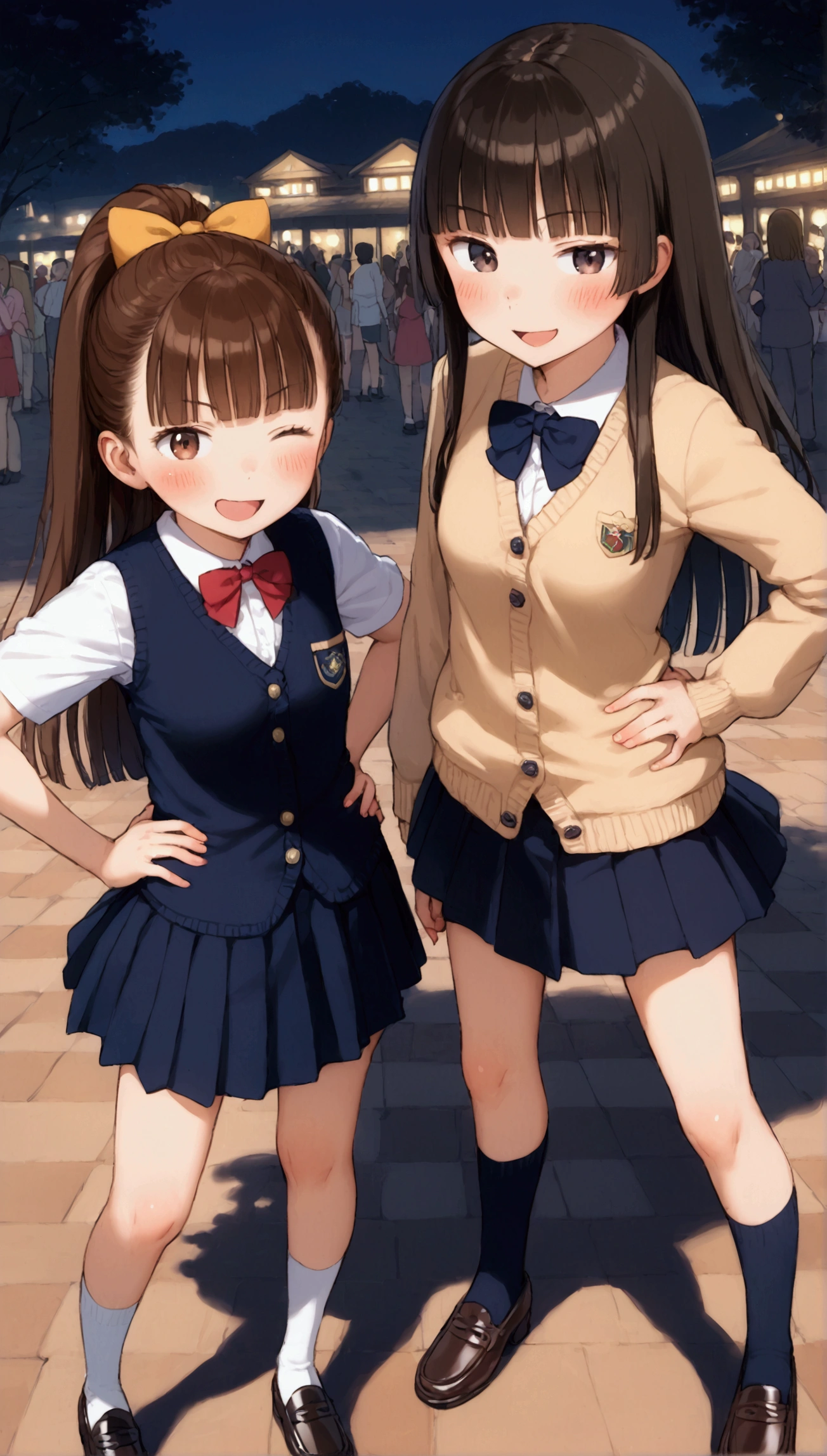 {Highest quality}, {Super beautiful},{Ultra fine},{Best illustration},Brown Hair,Hime cut,long hair,ponytail,One woman,Standing Woman,Strike a pose,Adult women,smug face,Excited face,Wink,uniform,cardigan,Short sleeve,skirt,Night Festival,Blushing,Slender,Black knee-high socks,Black Loafers,From an angle,Spread your legs,Put one hand on your hip