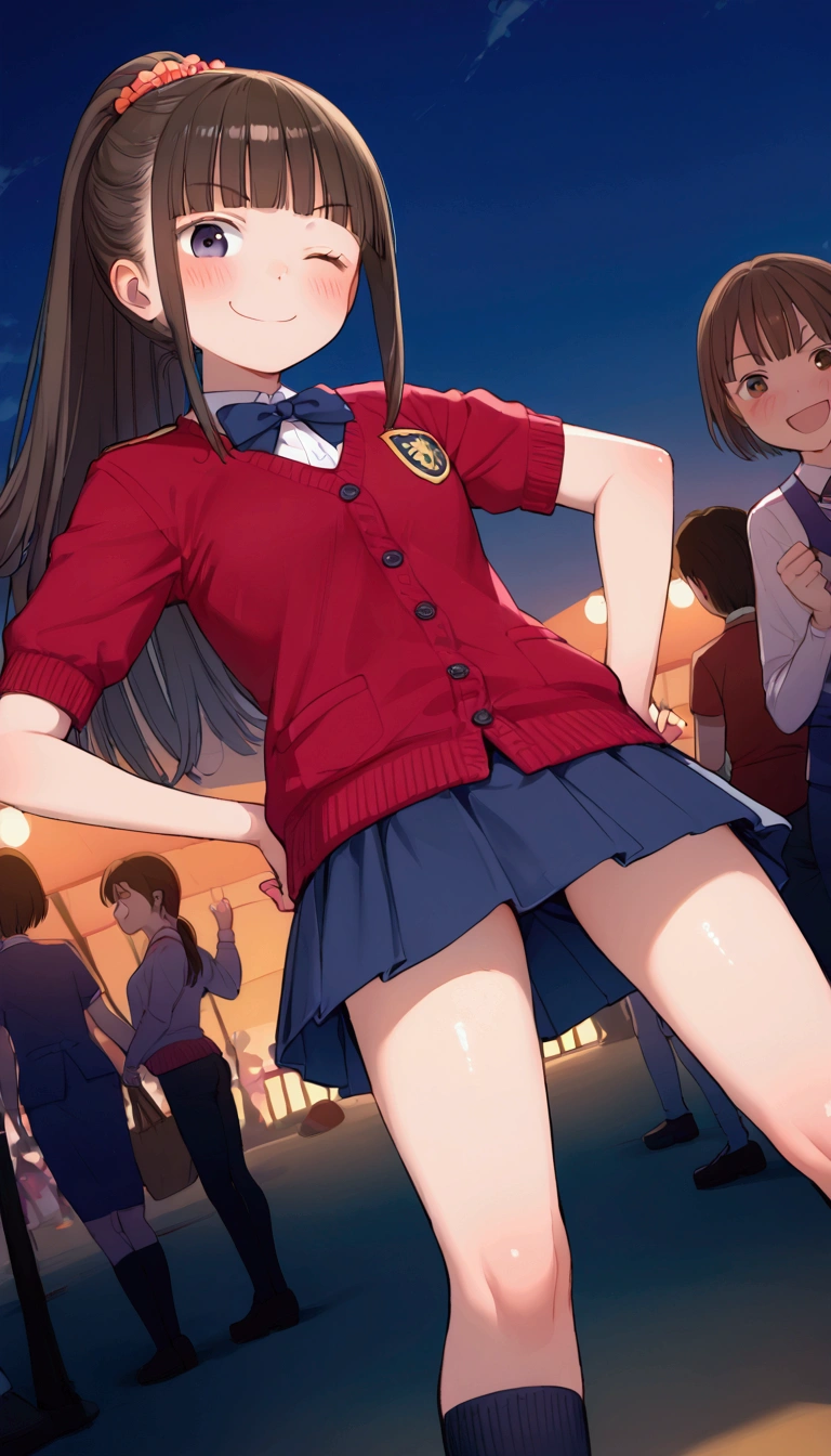 {Highest quality}, {Super beautiful},{Ultra fine},{Best illustration},Brown Hair,Hime cut,long hair,ponytail,One woman,Standing Woman,Strike a pose,Adult women,smug face,Excited face,Wink,uniform,cardigan,Short sleeve,skirt,Night Festival,Blushing,Slender,Black knee-high socks,Black Loafers,From an angle,Spread your legs,Put one hand on your hip