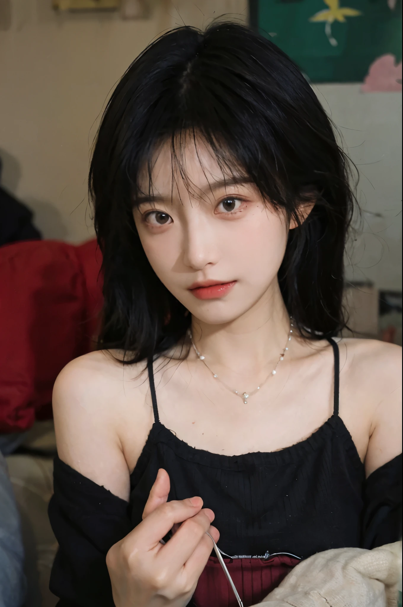 Best quality，Ultra-high resolution,(Realism:1.4)，Cute hairpins，girll,Cropped black sweater，Look directly at the audience，Full of atmosphere，Beautiful woman with a slim figure:1.4，supermarket，Super delicate face，Exquisite eyes，Double eyelids，necklace