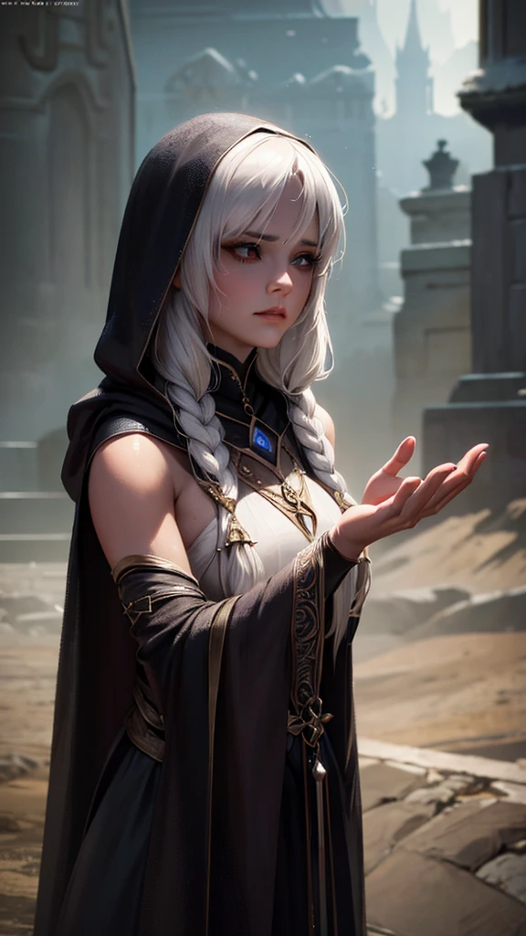 a beautiful mystical elfa sorceress, modest, wearing an old dark hooded cloak, white hair, deep dark eyes, tan skin, brave warrior, ambitious, not very friendly, orphaned thief, detailed face, (best quality,4k,8k,highres,masterpiece:1.2),ultra-detailed,(realistic,photorealistic,photo-realistic:1.37),vivid colors,dramatic lighting,dark fantasy,concept art,digital painting