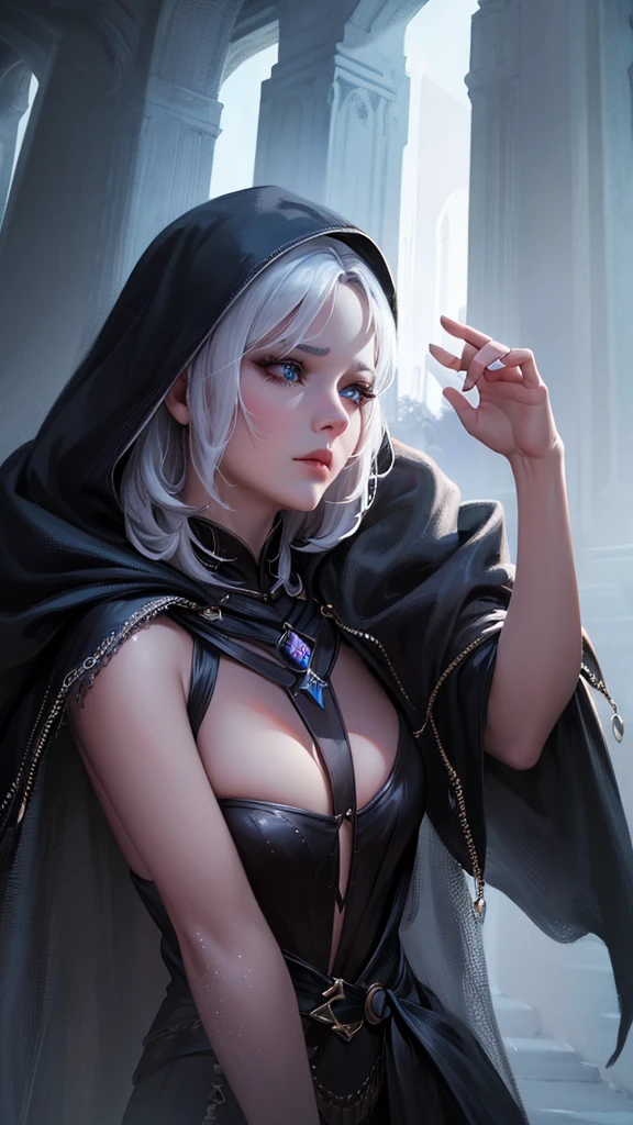 a beautiful mystical elfa sorceress, modest, wearing an old dark hooded cloak, white hair, deep dark eyes, tan skin, brave warrior, ambitious, not very friendly, orphaned thief, detailed face, (best quality,4k,8k,highres,masterpiece:1.2),ultra-detailed,(realistic,photorealistic,photo-realistic:1.37),vivid colors,dramatic lighting,dark fantasy,concept art,digital painting