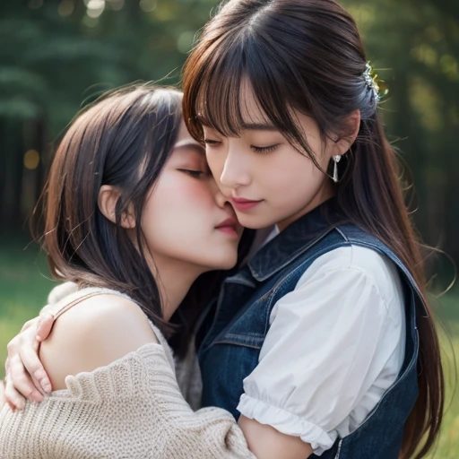 (Highest quality, 4K, 8k, High resolution, masterpiece:1.2), Very detailed, (Realistic, photoRealistic, photo-Realistic:1.37)、2girls,hugging and kissing,