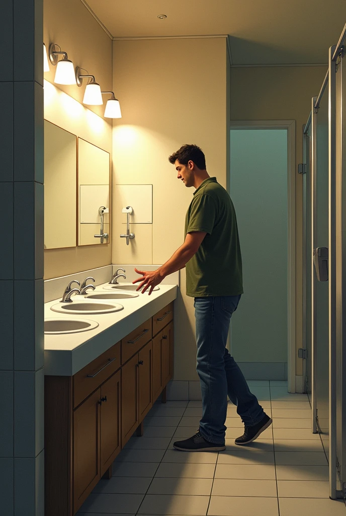 1 man go into  restaurant washroom to wash his hand