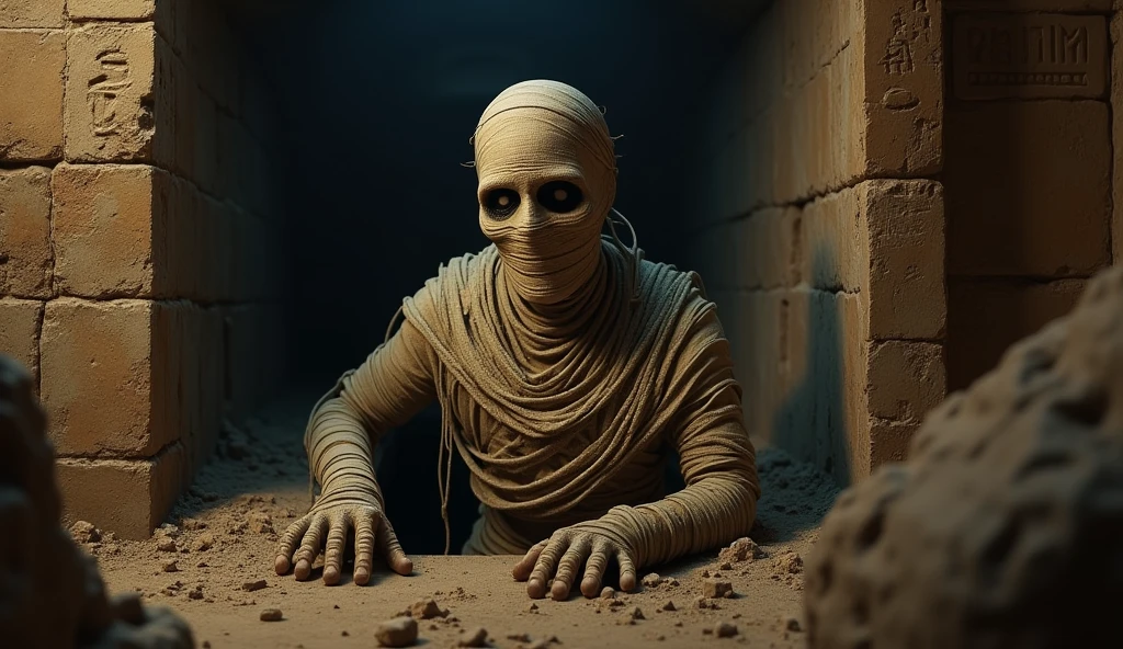A wrapped mummy emerging from a sarcophagus, its bandages frayed and dusty, with a dark, eerie tomb in the background, highly detailed and realistic