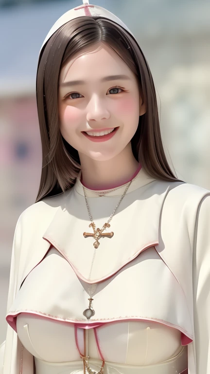 perfect figure beautiful girl:1.4, 17years old, smile, cleavage, huge breast Layered Hair Style, (Cleric:1.5), Jewelry Decoration, veil, Highly Detailed Face and Skin Textur, double-edged eyelid, Whiten the skin, long hair, (background snow plains), diamond dust,