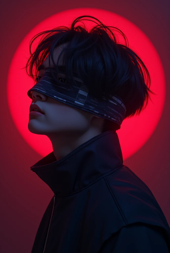(photorealism:1.2), A young Men with a Korean-like hairstyle with  a cloth over his eyes and his background being purple dark red  And Redis  Sunlight repletion