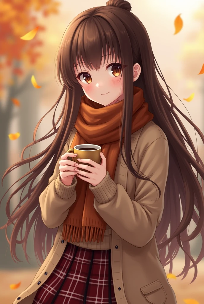 1girl, autumn leaves, bangs, black headwear, blurry background, blush, brown eyes, brown hair, brown scarf, brown skirt, cardigan, coffee, cowboy shot, cup, disposable cup, drink, falling leaves, beanie, holding, holding drink, leaf, long hair, long sleeves, looking at viewer, open cardigan, open mouth, plaid, plaid skirt, puffy long sleeves, red sweater, scarf, shirt, shirt tucked in, sidelocks, skirt, smile, solo, sweater, white shirt, extremely detailed, intricate, masterpiece, absurdres