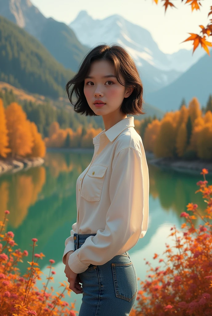 Beautiful woman short hair wearing white shirt and jeans, standing in front of green lake, colorful flowers, colorful maple trees and snowy mountains, orange sky in the evening, autumn atmosphere