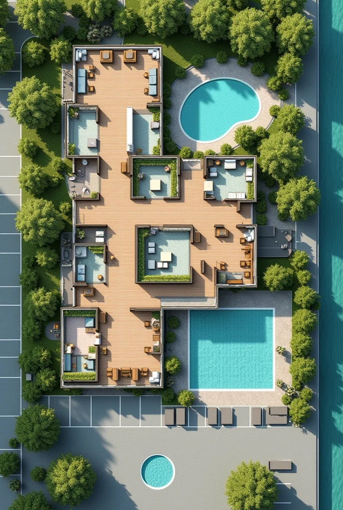 1D hotel floor plan containing the reception area, a restaurant, The recreation space, the rooms, A SPA area, An area for people with disabilities, 3 swimming pools, Connection with green areas, That can be like an open space, The L-shaped parking lot One part in front and the rest alongside, 2 swimming pools in the green area outside the hotel