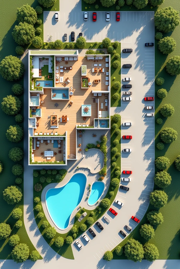 1D hotel floor plan containing the reception area, a restaurant, The recreation space, the rooms, A SPA area, An area for people with disabilities, 3 swimming pools, Connection with green areas, That can be like an open space, The L-shaped parking lot One part in front and the rest alongside, 2 swimming pools in the green area outside the hotel