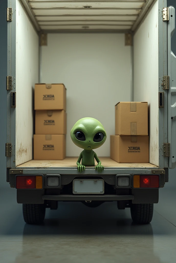 Looking from outside through a door at the back of a truck bed that is open, you can see the back of the white room with some cardboard boxes stacked on one side and where only the head of a little Martian sticking out from the right staring at you from inside the room, who is holding one of the edges with one of his hands and is looking out.