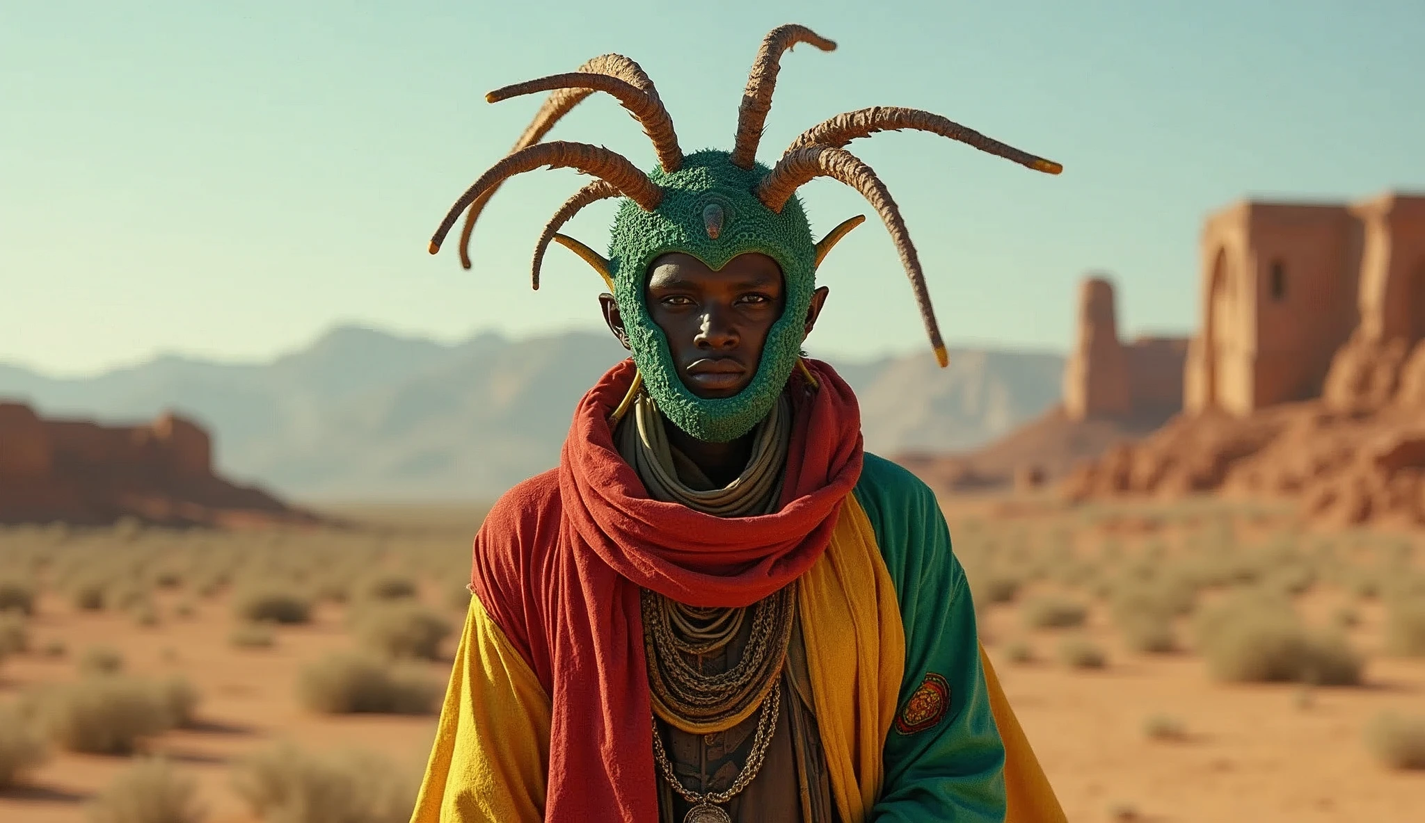 Eritrea as an african League of Legend creature in carmine red, light green, blue and yellow. Intricated clothing. Cinematic Fantasy sci-fi landscape background