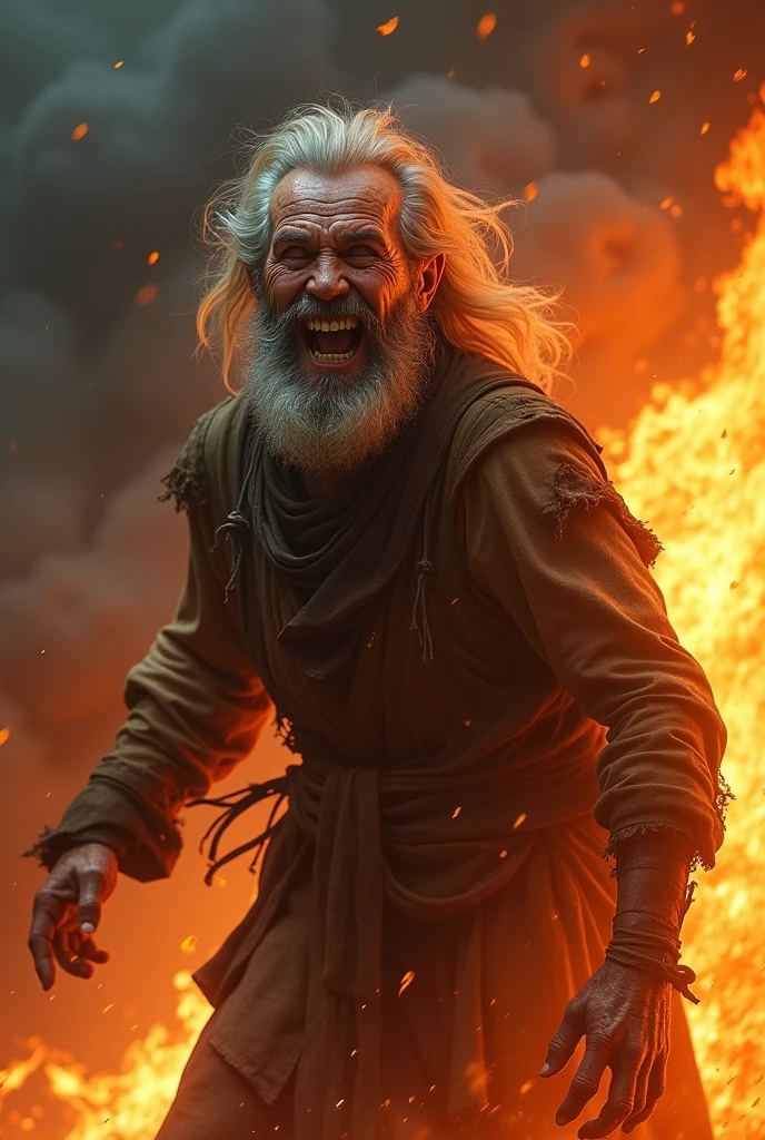 An old man in fire and he is laughing 