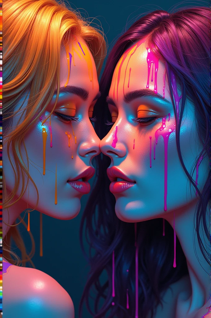 Paint leaking, thick Paint rainbow hair, open mouth, closed eyes, breasts covered with paint, ((sfw)), calm facial expression, relaxed, ((gentle smile)), ((paint instead of clothes, clothes made of paint)), front view, sfw, small breasts, ((relaxed face)), relaxed shoulders, dynamic pose, liquid details, black background, no background, no frame, thick paint splatter, extreme detail, 3d, 8k, details, paint splatter on the face, short voluminous hair, two women standing, one woman licking paint off the other