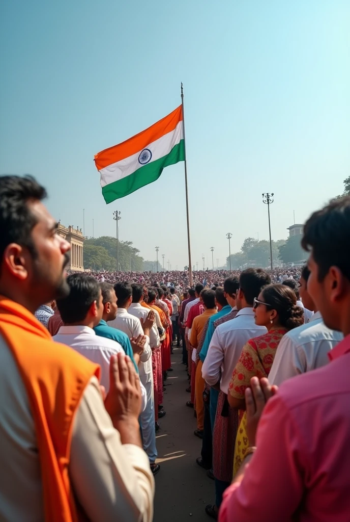 Prompt:
A powerful image of unity and diversity. A large crowd gathered in a public space, representing India's rich tapestry of religions: Hindus, Muslims, Sikhs, and Christians, standing side by side. People of all ages and backgrounds, dressed in their traditional attire, are seen with their hands over their hearts, singing the national anthem. The Indian flag is hoisted high against a clear blue sky, a symbol of the nation's secular fabric and the spirit of brotherhood.
