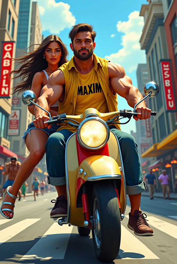 Muscular man, yellow vest that says "Maxim", slightly long hair, riding a scooter, looks handsome, carrying a beautiful girl with big breasts, city background, almost hits a monkey.