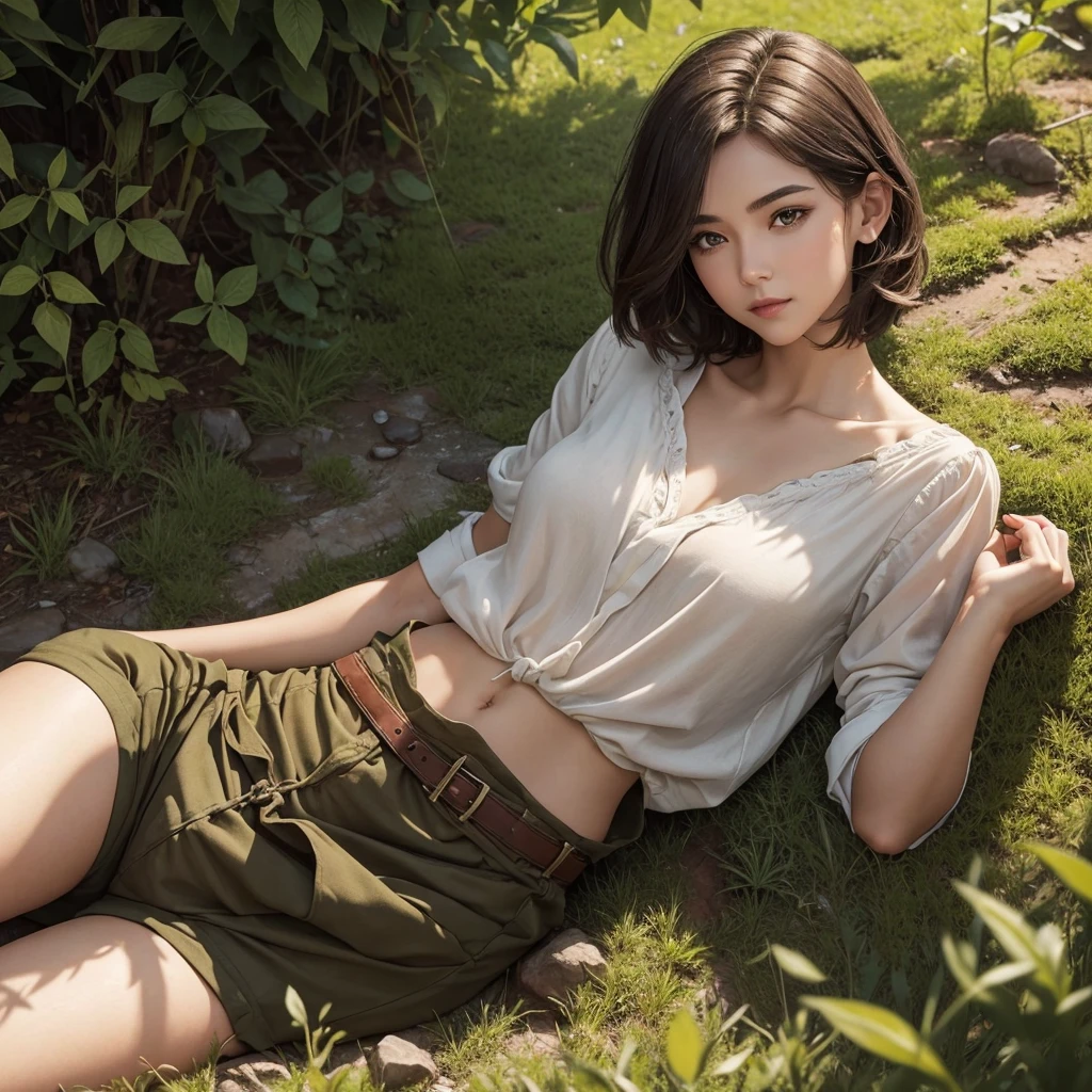 A close-up of the upper body of a person lying on the ground"A medieval-inspired female character with a youthful appearance, looking like she's in her late teens, though she's actually 30 years old. She has a bright and lively demeanor with an energetic and cheerful expression. Her face is more androgynous, closer to a boyish look, with softer, youthful features. Her hair is short and practical, in a natural color such as brown or black. She is and slender, with a small bust and shorter stature. Her outfit is practical and resembles the attire of a countryside boy, consisting of shorts and a simple shirt or tunic in a natural, earthy color palette. The background should be a lush forest or a whimsical, enchanting landscape."