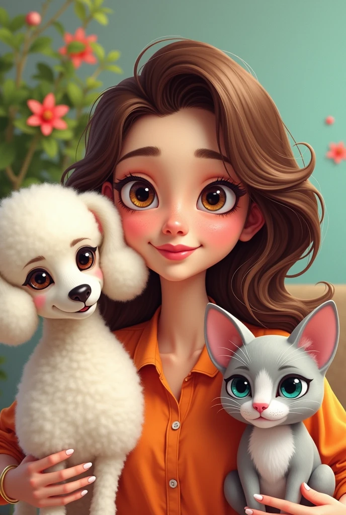 First put a 23 year old girl with brown wavy hair combed to one side, slightly broad forehead and large brown eyes, Medium mouth with the lower lip slightly larger than the upper lip, chubby with slightly pink cheeks and short neck, with a wide texture; Second, put a white but flat poodle with ears that go from white to very light brown.; Third, put a light gray cat with white that goes from the eyes like a line and expands throughout the snout., with a pink nose and not so clear green eyes; Fourth on the side put a white short-haired chihuahua with only 1 eye with a brown spot around the eye