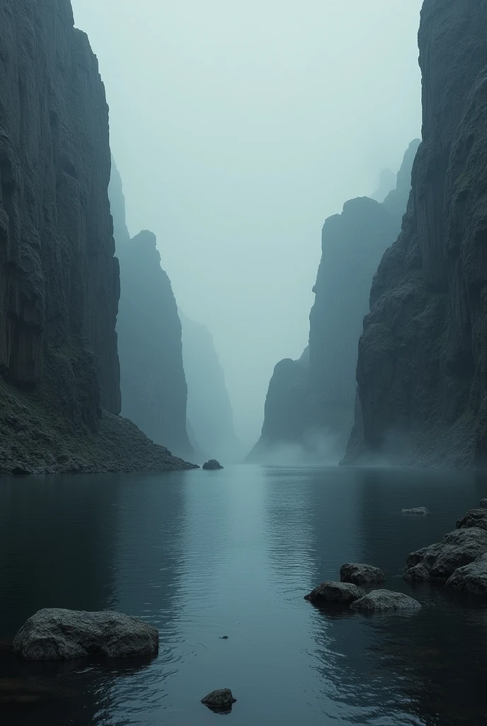 Rocks closer in dark and wide lake